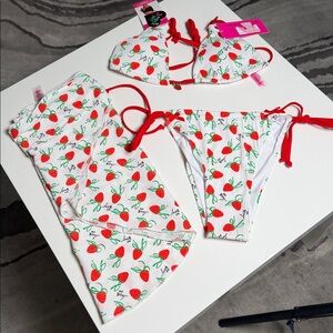 Betsey Johnson Strawberry 3 Piece Bikini Set Coverup Sarong Top and Bottom